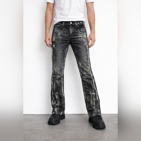 Mnml Edgy Chrome Splatter Black Skinny Jeans Zip Ankle Men Size 32